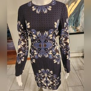 Tory Burch long sleeve art nouveau blue and white pattern dress Size 2